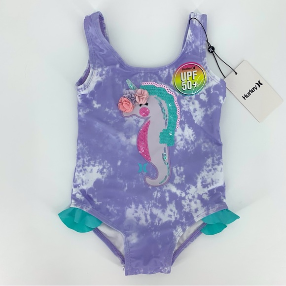 Hurley NWT Baby Girl Purple Tie Dye Unicorn Ruffle Leg One Piece Swim Suit, 24M - Picture 2 of 15